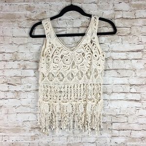 Phase One crochet lace tan top sz M fringe womens
